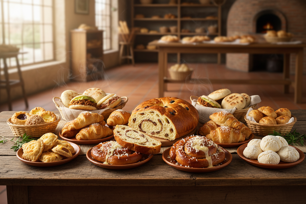Mesa con panes y pasteles venezolanos